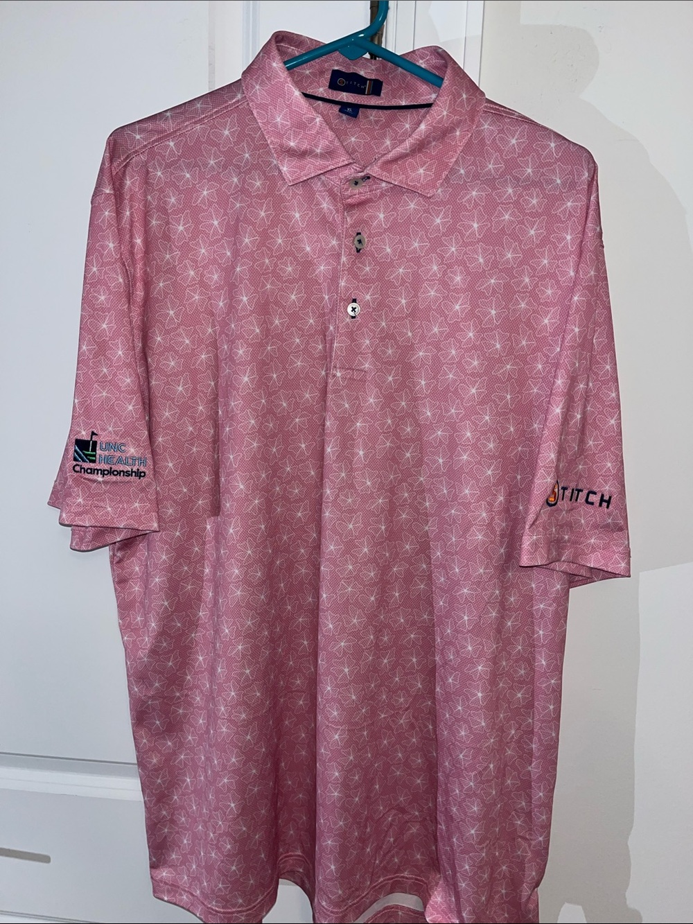 Pink Floral Stitch swept collar w/button collar Golf polo shirt XL UNC Champion